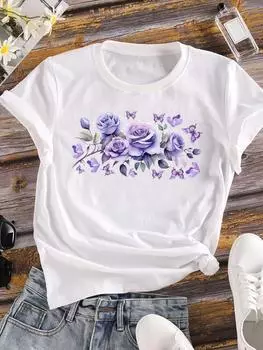 (Азиатский размер) Одежда Повседневный принт Женская акварельная цветочная милая женская футболка Топ Цветочная модная футболка с коротким рукавом Женские графические футболки S