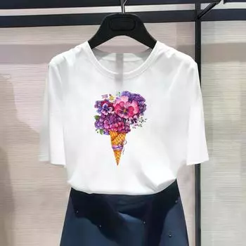 Азиатский размер - одежда с повседневным принтом, женская футболка с цветочным принтом и акварелью, сладкая женская футболка 90-х годов, женский летний топ, модная футболка с коротким рукавом и рисунком S