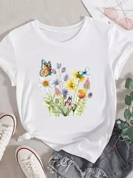 (Азиатский размер) Одежда, трендовая бабочка, милая повседневная футболка в стиле 90-х, женская футболка с коротким рукавом и модным принтом, женская футболка с графическим рисунком S