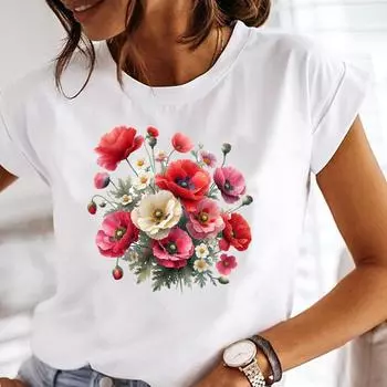 (Азиатский размер) Одежда женская цветочная тенденция 90-х прекрасная повседневная женская футболка с коротким рукавом модная женская футболка с принтом женская графическая футболка S