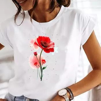 (Азиатский размер) Одежда женская сладкая цветочная милая 90-е повседневная женская футболка с коротким рукавом модная женская футболка с принтом женская графическая футболка S