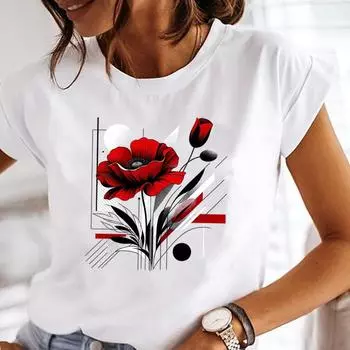 (Азиатский размер) Одежда женская трендовая цветочная цветочная милая 90-е повседневная женская футболка с коротким рукавом модная женская футболка с принтом женская графическая футболка S