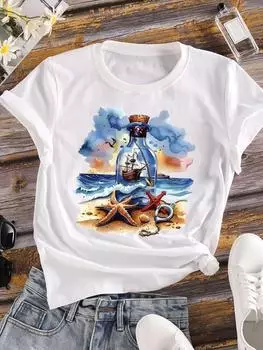 (Азиатский размер) Пляжный тренд мультфильм Женская футболка Верхняя одежда Повседневная Цветочная мода с коротким рукавом Футболка с принтом Женская женская графическая футболка S