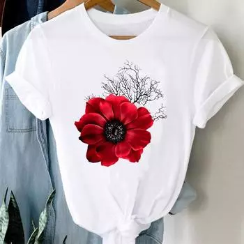 (Азиатский размер) Повседневная футболка с милым цветочным принтом, короткий рукав, модная женская одежда, принтованные женские футболки с графическим принтом S