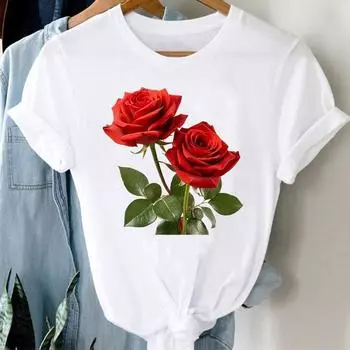 (Азиатский размер) Повседневная футболка с принтом «love flower» в стиле 90-х, футболка с коротким рукавом, модная женская одежда, женские футболки с принтом и круглым вырезом S