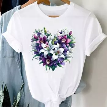 (Азиатский размер) Повседневная футболка с принтом «любовь, сердце, цветок», тренд, короткий рукав, футболка, модная женская одежда, принтованные женские футболки с графическим принтом S
