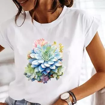 (Азиатский размер) Повседневная футболка с принтом, милый топ с изображением растений и цветов, футболка с коротким рукавом, модная женская одежда с круглым вырезом, женские графические футболки S