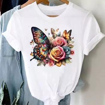 (Азиатский размер) Повседневная футболка с принтом в виде бабочки и цветочного узора, футболка с коротким рукавом, модная женская одежда, женские футболки с принтом и круглым вырезом S