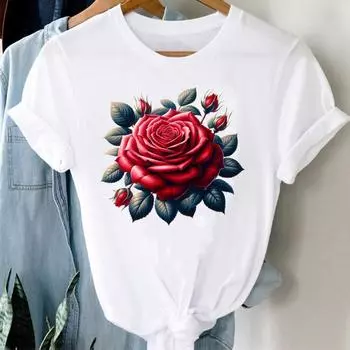 (Азиатский размер) Повседневная футболка Топ-тренд акварельный цветок короткий рукав футболка модная женская одежда принтованный О-образный вырез женские графические футболки S