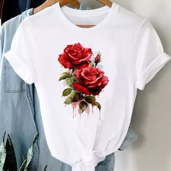 (Азиатский размер) Повседневная милая милая цветочная футболка с коротким рукавом модная женская одежда с принтом и круглым вырезом женские графические футболки S