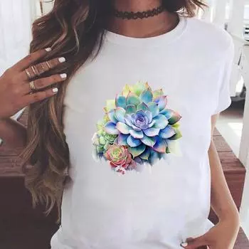 (Азиатский размер) Повседневная женская мода принт с коротким рукавом футболки прекрасный растительный тренд 90-х одежда T женский топ графическая футболка S