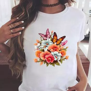 (Азиатский размер) Повседневная женская мода принт с коротким рукавом футболки с милой бабочкой 90-х одежда T женский топ с графическим принтом футболка S