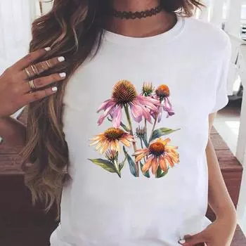 (Азиатский размер) Повседневная женская мода принт с коротким рукавом футболки прекрасный цветок 90-х одежда T женский топ графическая футболка S