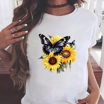 (Азиатский размер) Повседневная женская мода принт с коротким рукавом футболки прекрасный цветок бабочка тренд одежда T женский топ графическая футболка S