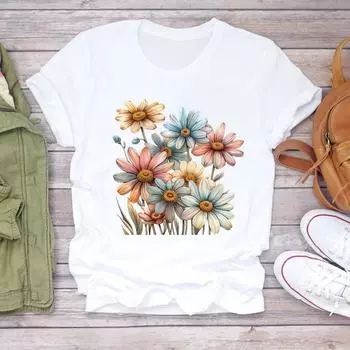 (Азиатский размер) Повседневные футболки с милым цветком в стиле 90-х, женская одежда, футболка с коротким рукавом, модные женские футболки с графическим принтом S