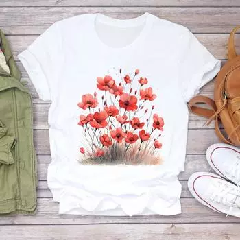 (Азиатский размер) Повседневные футболки Топ с акварельным цветочным принтом Женская одежда Футболка с коротким рукавом Модные женские футболки с графическим принтом S