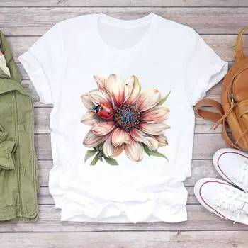 (Азиатский размер) Повседневные футболки Топ с цветочным принтом, милая женская одежда 90-х годов, футболка с коротким рукавом, модные женские футболки с графическим принтом S