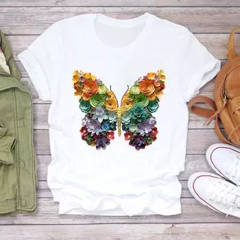 (Азиатский размер) Повседневные футболки, топ с милой бабочкой, милая женская одежда 90-х годов, футболка с коротким рукавом, модные женские футболки с принтом и графикой S
