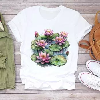 (Азиатский размер) Повседневные футболки, верхняя женская одежда, футболка с коротким рукавом, трендовый цветочный стиль, модные женские принты, графические футболки S
