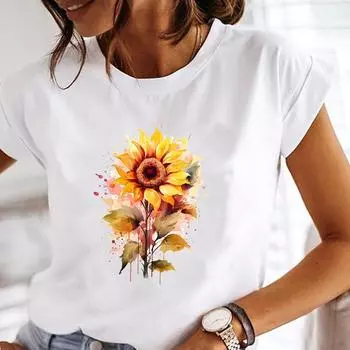 (Азиатский размер) Повседневный цветочный цветочный тренд 90-х годов с принтом футболка с коротким рукавом модная женская одежда с круглым вырезом женские графические футболки S