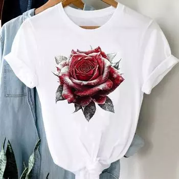 (Азиатский размер) Повседневный милый цветочный стиль 90-х годов футболка с коротким рукавом модная женская одежда принтованный О-образный вырез женские графические футболки S