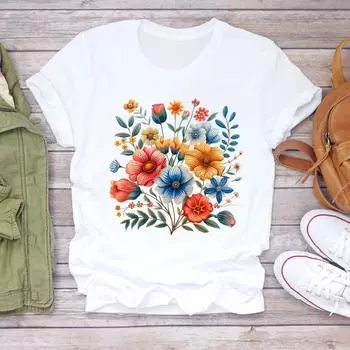(Азиатский размер) Повседневный прекрасный цветочный тренд 90-х Футболки Верхняя женская одежда Футболка с коротким рукавом Футболка Модные женские принты Графические футболки S