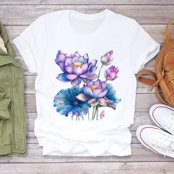 (Азиатский размер) Повседневный прекрасный цветочный тренд Футболки Верхняя женская одежда Футболка с коротким рукавом Футболка Модные женские принты Футболки с графикой S