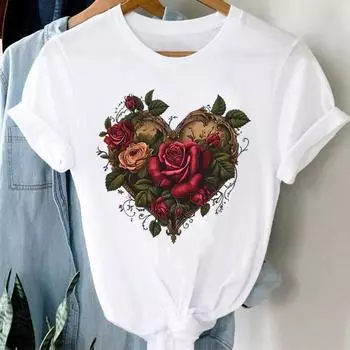 (Азиатский размер) Повседневный тренд с изображением сердца и цветка, футболка с коротким рукавом, модная женская одежда, принтованные женские футболки с круглым вырезом и графическим принтом S