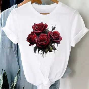 (Азиатский размер) Повседневный трендовый цветочный сладкий 90-е футболка с коротким рукавом модная женская одежда принтованный О-образный вырез женские графические футболки S