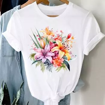 (Азиатский размер) прекрасный цветочный цветочный тренд одежда повседневная женская футболка с цветочным принтом модная футболка с коротким рукавом женская графическая футболка S