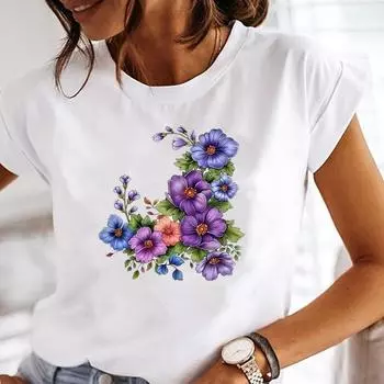 (Азиатский размер) Прекрасный цветочный тренд 90-х годов Одежда с коротким рукавом и принтом Футболка Модная женская повседневная женская футболка Топ Женская женская графическая футболка S