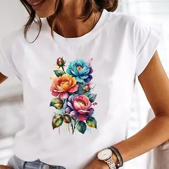 (Азиатский размер) Прекрасный цветочный тренд Графические футболки Футболка Женская верхняя одежда Повседневная Цветочная мода с коротким рукавом Принт Женская футболка S