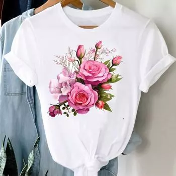 (Азиатский размер) Прекрасный цветочный тренд Принт Женская футболка Верхняя одежда Повседневная Цветочная мода Футболка с коротким рукавом Женские графические футболки S
