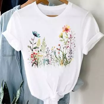 (Азиатский размер) Прекрасный растительный тренд 90-х годов, одежда, повседневная женская футболка с цветочным принтом, модная футболка с коротким рукавом, женские графические футболки S