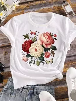 (Азиатский размер) Прекрасный стиль, тренд 90-х, женская футболка, верхняя одежда, повседневная футболка с коротким рукавом и цветочным принтом, женская футболка с графическим принтом S