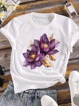 (Азиатский размер) Прекрасный стиль, тренд, женская футболка, верхняя одежда, повседневная футболка с коротким рукавом и цветочным принтом, модные женские графические футболки S