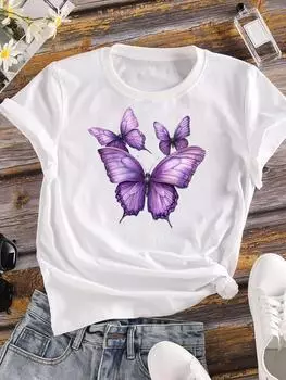 (Азиатский размер) Прекрасный тренд с бабочками Женская футболка Повседневная принтованная футболка с графическим принтом Футболка с коротким рукавом Модная принтованная женская футболка S