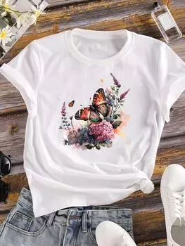 (Азиатский размер) Прекрасный тренд с бабочками Женская футболка Повседневная принтованная футболка с графическим принтом Футболка с коротким рукавом Модная принтованная женская футболка S