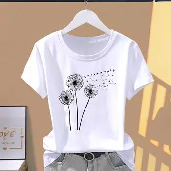 Азиатский размер-принт одуванчика, сладкий стиль 90-х, графическая футболка, женская футболка, повседневная женская летняя футболка, модная футболка с коротким рукавом S