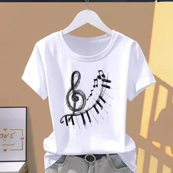 Азиатский размер-принт с акварельной музыкой, любовным трендом, графическая футболка, женская футболка, повседневная женская летняя футболка, модная футболка с коротким рукавом S