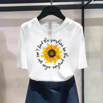 Азиатский размер-принт с графическим принтом, цветок, прекрасный стиль, тренд, милая женская женская футболка, повседневная женская летняя футболка, модная футболка с коротким рукавом S