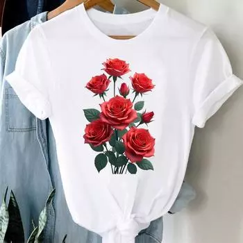 (Азиатский размер) Принт с изображением растений и цветов, тренд 90-х, женская футболка, верхняя одежда, повседневная футболка с коротким рукавом с цветочным принтом, женские графические футболки S