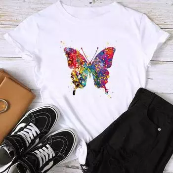 Азиатский размер-принт, женская бабочка, акварель, трендовый стиль, женская футболка 90-х годов, повседневная женская летняя футболка, модная футболка с коротким рукавом и рисунком S