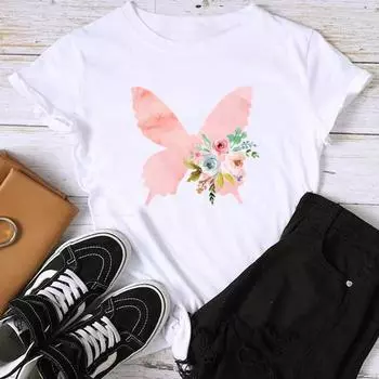 Азиатский размер-принт, женская бабочка, цветочный тренд, милая, милая женская футболка, повседневная женская летняя футболка, модная футболка с коротким рукавом и рисунком S