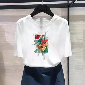 Азиатский размер-принт, женская футболка, акварельный тренд, милая одежда 90-х годов, повседневная женская летняя футболка с графическим рисунком, модная футболка с коротким рукавом S
