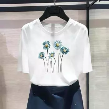 Азиатский размер-принт, женская футболка с цветочным принтом, акварельный тренд, стиль 90-х годов, одежда, повседневный женский летний топ, футболка с графическим рисунком, модная футболка с коротким рукавом S