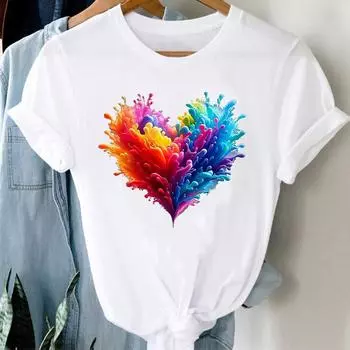 (Азиатский размер) Принт Женская футболка с изображением сердца и любви, милая одежда 90-х, повседневная модная футболка с коротким рукавом с цветочным принтом, женские графические футболки S