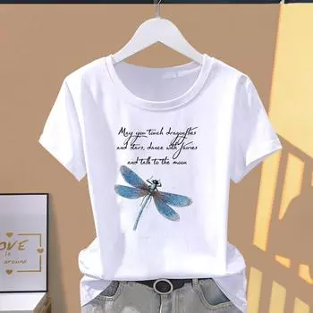 Азиатский размер-принт, женская стрекоза, буквенный тренд, милая женская футболка 90-х годов, повседневная женская летняя футболка с графическим принтом, модная футболка с коротким рукавом S