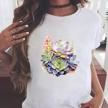 (Азиатский размер) Растение Цветок Тенденция Повседневная Женская Мода Принт Короткие Рукава Футболки Одежда T Женский Топ Графический Футболка S