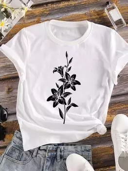 (Азиатский размер) Растительный цветочный тренд Женская футболка Верхняя одежда Повседневная Цветочная мода Футболка с коротким рукавом Принт Женская графическая футболка S